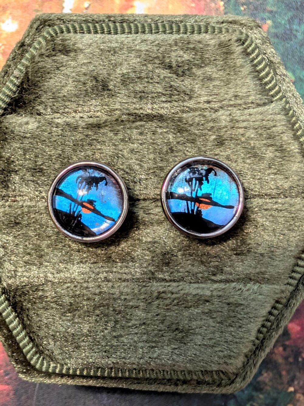 Antique Hoffman Sterling Silver Morpho Butterfly Tropical Painted Earrings